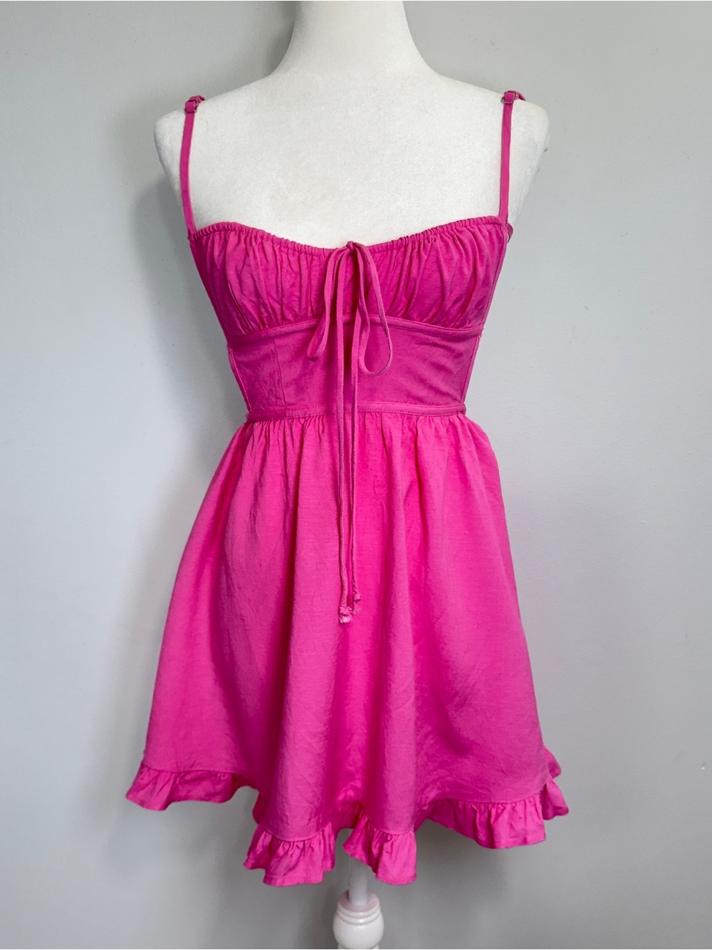 Sundays Pink Mini Dress Womens M Ramie Cotton Open Back Ruffle Hem Coquette